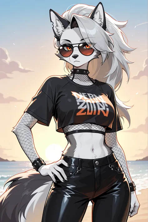 furry wolf woman, with white fur, black cropped shirt, and black leather pants on, fishnets, orange eyes, sunglasses, loona, digital anime style, zenless zone zero style, beach background