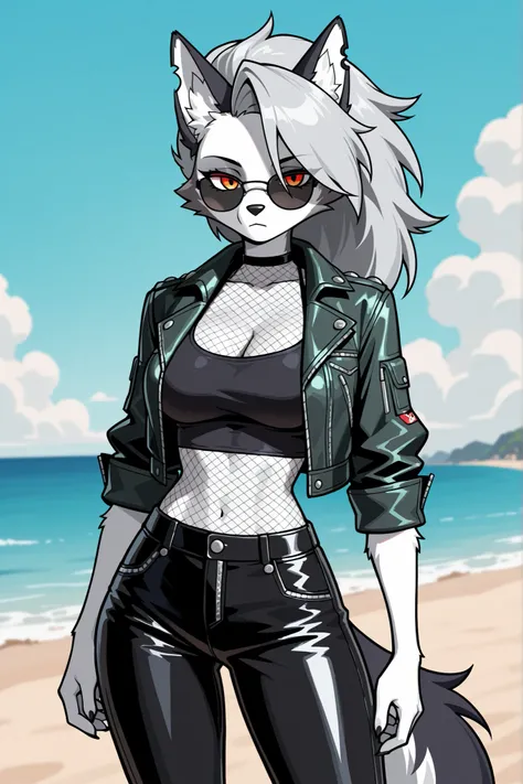 furry wolf woman, with white fur, dark green leather short jacket with rolled up sleeves, black cropped shirt, and black leather pants on, fishnets, orange eyes, sunglasses, loona, digital anime style, zenless zone zero style, beach background