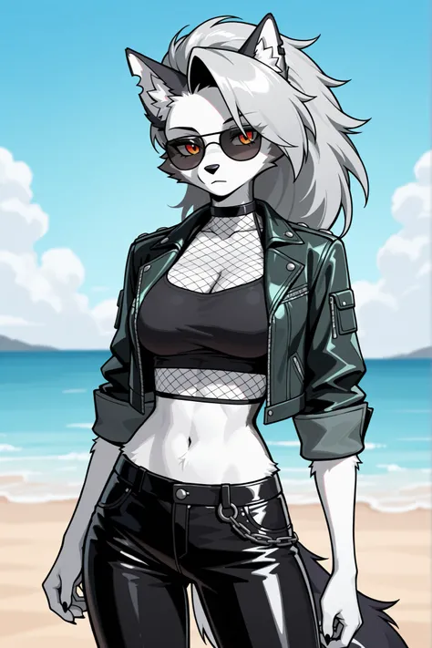 furry wolf woman, with white fur, dark green leather short jacket with rolled up sleeves, black cropped shirt, and black leather pants on, fishnets, orange eyes, sunglasses, loona, digital anime style, zenless zone zero style, beach background