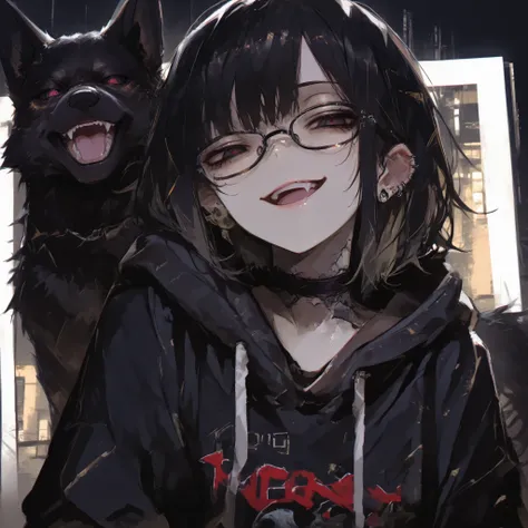 1girl, one girl with short black hair wearing an oversized black hoodie, dark eyes, glasses, black choker, canine, smirk, open mouth, ear piercings, grunge, dynamic pose, (cinematic lighting, masterpiece, beautiful, neon background)