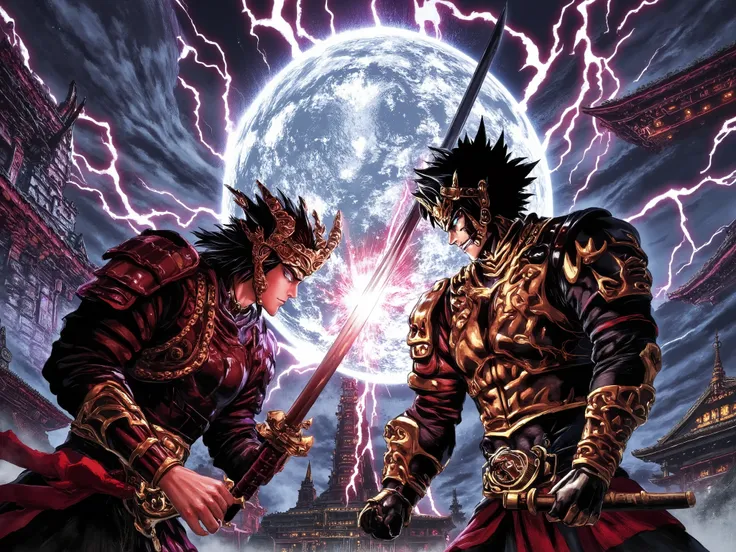  Anime style, Yusuke Murata style, perfect lighting ,masterpiece,   top quality ,2male ,Nobunaga Oda and Levi Arckaman, ((fighting each other:1.5)), facing each other, each bodies emanating a different aura color, sword stances, fighting stance, clashing, ...