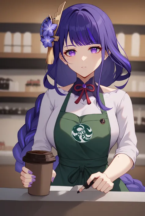 raiden shogun, braid, braided ponytail, hair flower, hair ornament, long hair, mole, mole under eye, purple eyes, purple flower, purple hair, single braid, sidelocks, фон coffeeйня, coffee, dessert , barista, purple blouse, apron, горшок с растением на пол...