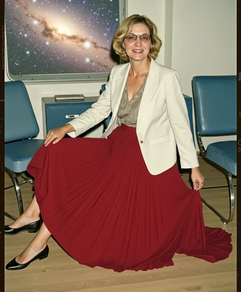 In an interstellar office adorned with vintage charm, a demure, mature therapist, dressed in a crisp uniform jacket and a blouse, reveals her alluring feminine grace. Her long, pleated skirt flows dramatically as the subtly lifts it, each fold a testament...