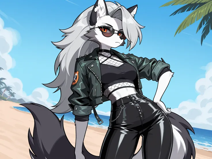 furry wolf woman, with white fur, dark green leather short jacket with rolled up sleeves, black cropped shirt, and black leather pants on, fishnets, orange eyes, sunglasses, loona, digital anime style, zenless zone zero style, beach background