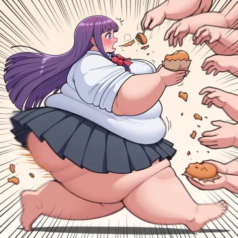 solo,
Fern,1girl, purple hair, purple eyes, from side
large breasts,white shirt,red bow,sleeves rolled up,,pleated_skirt,BREAK, tones of food,
rush with food,food rush,multiple hands with food, multiple food,,hands with food,(motion_blur:1.2),(motion line:...
