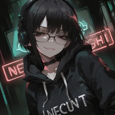 1girl, one girl with short black hair wearing an oversized black hoodie, dark eyes, glasses, black choker, headphones, smirk, ear piercings, grunge, dynamic pose, dynamic angle, (cinematic lighting, masterpiece, beautiful, neon lights background)