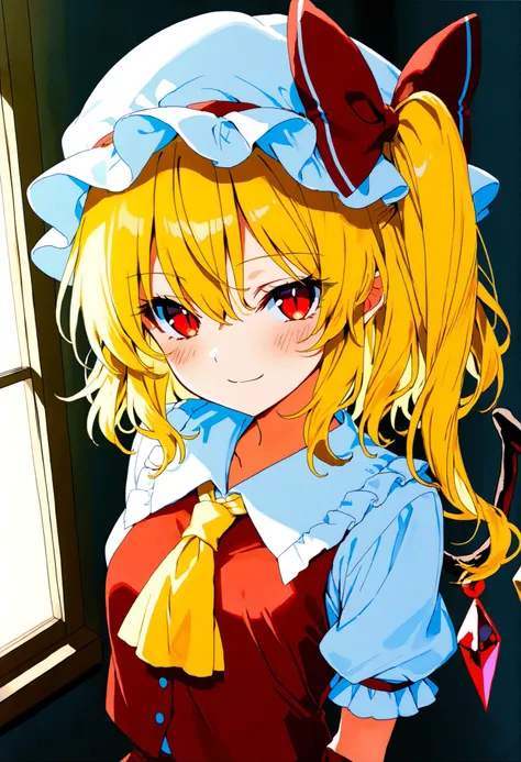 top_quality, super_high_quality, delicate_drawing, flat_anime_style, upper_body, look_at_view, close_angle, 1girl, cool, flanN, Flandre_Scarlet_Touhou, blonde_hair, side_ponytail, red_eyes, hair_bow, red_bow, hair_between_eyes, slit_pupils, white_headwear,...