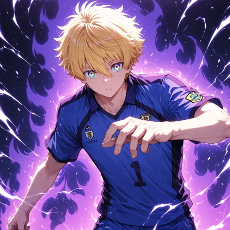 blue_lock_style,anime boy, soccer uniform , blond hair ,Golden highlights, multicolored eyes , aura  Hollow Purple