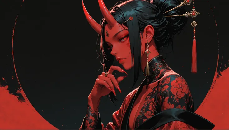 masterpiece, best quality, amazing quality, newest, very aesthetic, neomijicsteel, 1girl, solo, looking at viewer, black hair, long sleeves, hair ornament, red eyes, closed mouth, jewelry, upper body, male focus, sidelocks, earrings, horns, japanese clothe...
