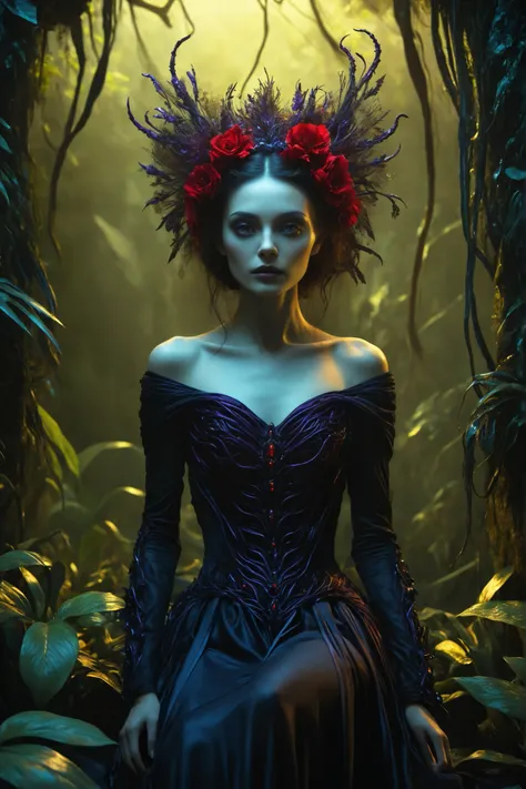 Ultra-realistic, photo-realistic, cinematic photography, realistic, hyperrealistic.   A striking female figure with an intricately complex and skeletal body that creates a dramatic and surreal impression. The skin is pale, almost ghostly, stretching over t...