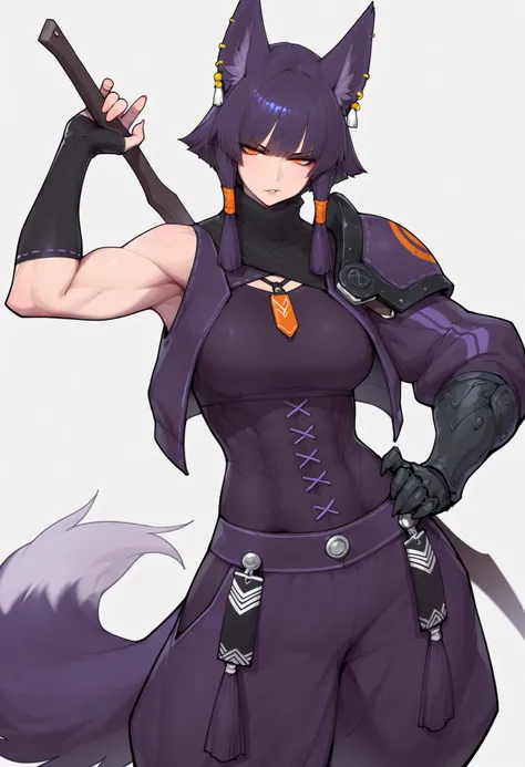gorgeous kitsune girl, beautiful face, kitsune, hair of ash-purple color, beautiful woman, orange eyes, slit pupils, volputrous body, toned woman, curvy and athletic, fox ears, short hair, dark adventurer jacket, buggy pants, single pauldron, single vambra...