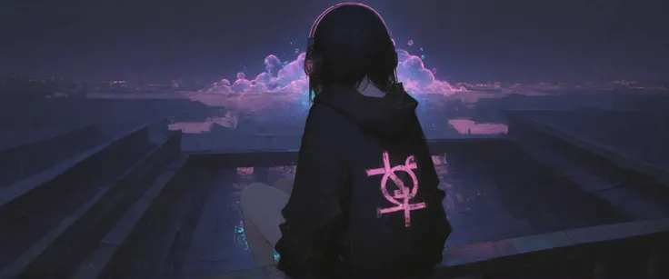 1girl, short black hair wearing an oversized black hoodie, headphones, grunge, sitting on a roof with a night skyline view, (cinematic lighting, masterpiece, beautiful, neon bubbles, back facing viewer, night)