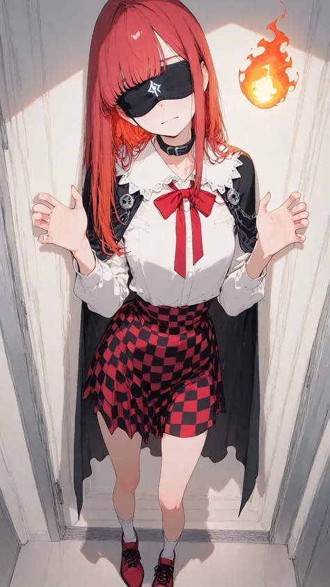 Masterpiece, best quality, amazing quality, Newest, high resolution, high resolution, Newest,
A girl with Secondary 2 disease，with a black blindfold in one eye，long straight hair scattered messy，expression with exaggerated dramatic，wearing gorgeous textured clothing，wearing exaggerated jewelry（Like metal chains、Glowing Rune、gear decorations, etc.），Wear a high-necked cape，with a white shirt as the lining，A red bow on the collar，One hand is bandaged，and the other hand is facing the camera to condense a blue fireball，, serious expression ，Mouth slightly open，like reciting a spell，is standing，Red checkered skirt， white socks，red leather shoes , fantastic vibe, whimsical soft color, pop surrealism, soft lighting,