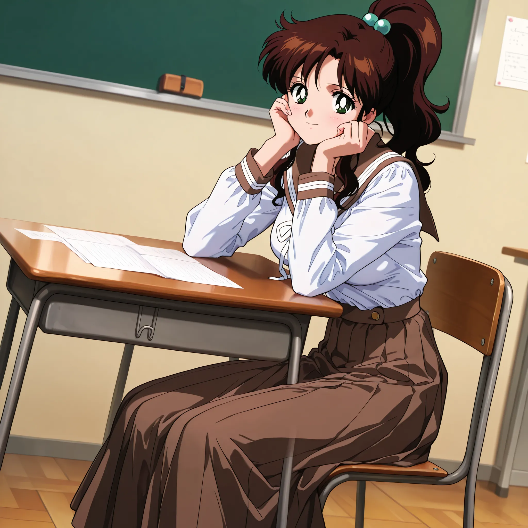 masterpiece, amazing quality, best quality, ultra-detailed, 8K, illustration, clear skin, ultra-detailed-eyes, soft skin, very awa, very as2, shiny hair, soft body, 1990s \(style\), official art, makoto kino, brown hair, green eyes, hair bobbles, medium ha...