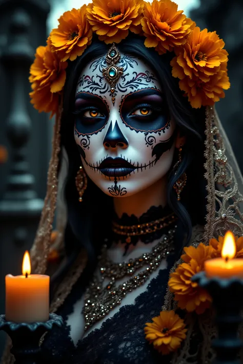 catrina,breathtakingly beautiful, mexican woman, ultra-realistic, photo-realistic, ultra-detailed, sugar skull, dias de los muertos, heavy makeup, detailed portrait of a mexican woman, intricate sugar skull makeup, dramatic chiaroscuro lighting, moody and ...