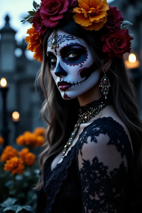 catrina,breathtakingly beautiful, mexican woman, ultra-realistic, photo-realistic, ultra-detailed, sugar skull, dias de los muertos, heavy makeup, detailed portrait of a mexican woman, intricate sugar skull makeup, dramatic chiaroscuro lighting, moody and ...