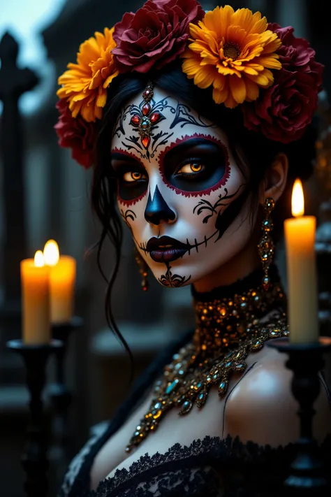 catrina,breathtakingly beautiful, mexican woman, ultra-realistic, photo-realistic, ultra-detailed, sugar skull, dias de los muertos, heavy makeup, detailed portrait of a mexican woman, intricate sugar skull makeup, dramatic chiaroscuro lighting, moody and ...