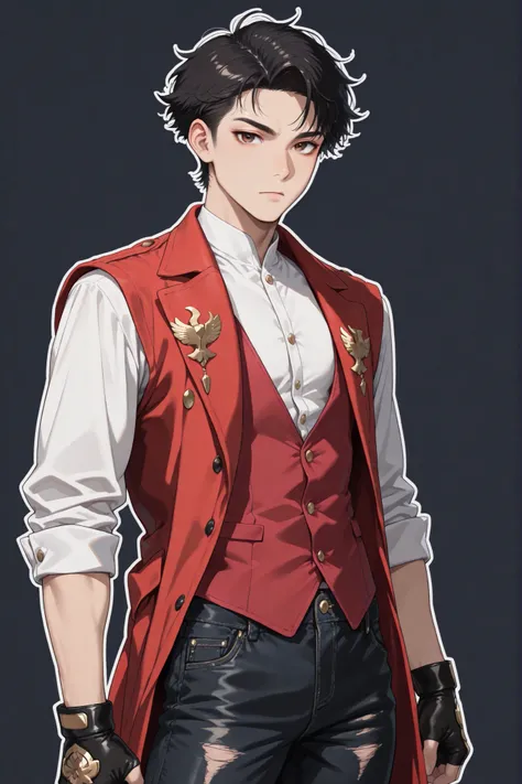 (masterpiece), best quality, expressive eyes, perfect face,1 boy, short hairs, black hairs, brown eyes, looking at viewer, cowboy shot, serious, (( young man, male, short hairs, asian boy)), (( wearing white shirt, red vest coat, gold crest, black denim j...