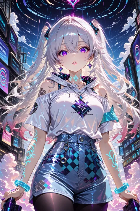 (masterpiece, best quality:1.3), amazing quality, very aesthetic, absurdres, highres, newest, HDR, 8K, cinematic lighting, photorealistic, close-up, 1girl, yandere, 1girl,looking at viewer,bangs,silver hair,long hair,braids,hair between eyes,cyber backgr...