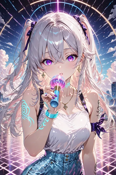(masterpiece, best quality:1.3), amazing quality, very aesthetic, absurdres, highres, newest, HDR, 8K, cinematic lighting, photorealistic, close-up, 1girl, yandere, 1girl,looking at viewer,bangs,silver hair,long hair,braids,hair between eyes,cyber backgr...