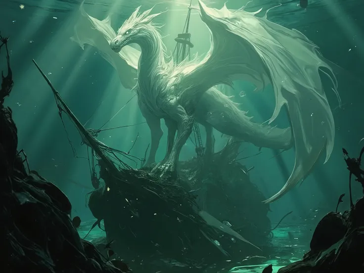 A dragon ghost guarding a sunken ship
