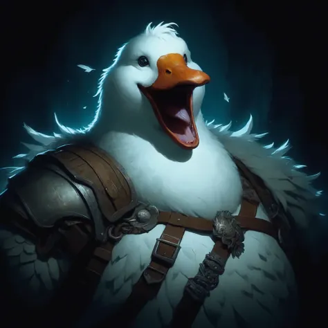 D&D Dark Character Concept Art: excited obese White Goose-Barbarian; looking provokingly suggestive; In darkness; there is a Goose with a leather jacket on and a light on, fantasy Goose concept portrait, inspired by Johannes Helgeson, armor Goose concept p...