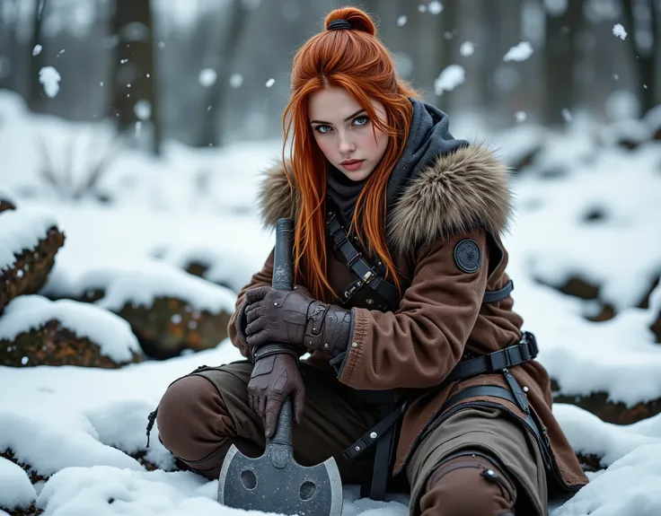 araffe woman 17 yo in cosplay sitting in the snow with a axe, very beautiful female barbarian, a very beautiful berserker woman, female barbarian, redhead queen in heavy red armor, amouranth, barbarian warrior woman, amouranth as a super villain, red haire...
