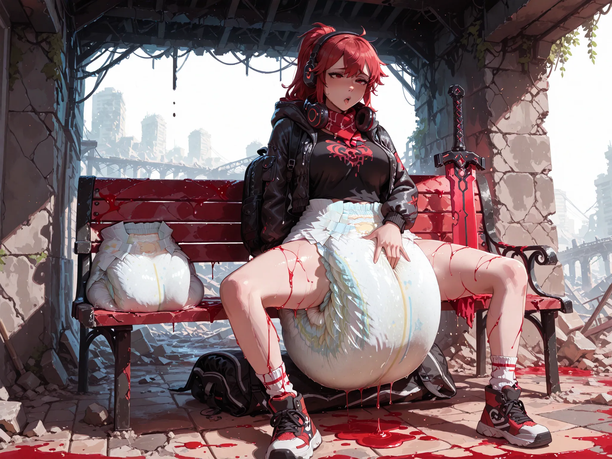 A girl with long, white and red hair. She wears headphones around her neck. She wears a black neon-print T-shirt, unbuttoned, revealing her large breasts. She wears a long, hooded, black down jacket with a red and white scarf tied over her right shoulder. ...