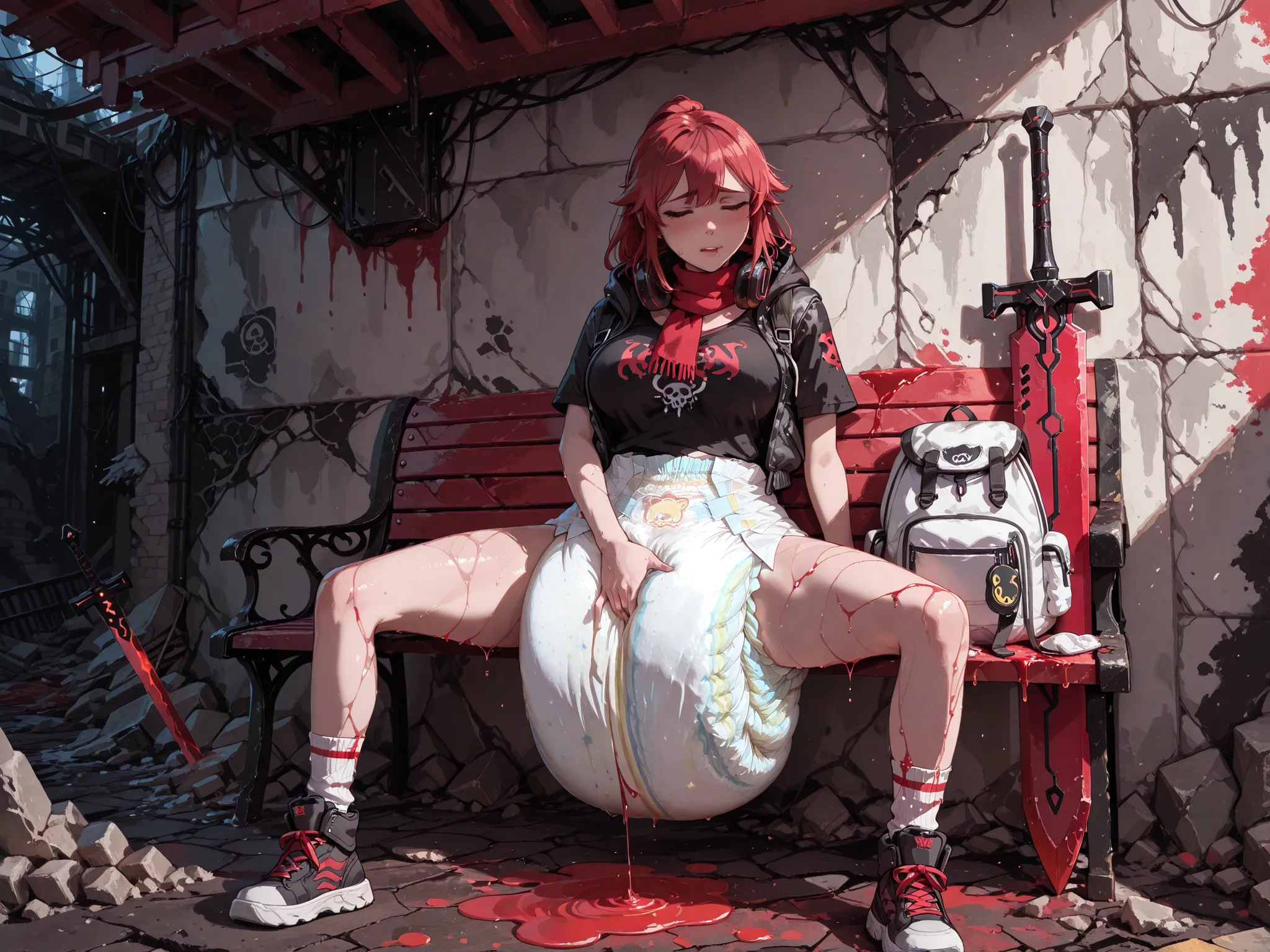 A girl with long, white and red hair. She wears headphones around her neck. She wears a black neon-print T-shirt, unbuttoned, revealing her large breasts. She wears a long, hooded, black down jacket with a red and white scarf tied over her right shoulder. ...