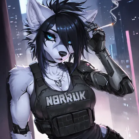 Emo Hairstyle,Source_furry,  (((1girl))), furry, anthro, white fur wolf, cleavage, long black messy spiky black hair, blue eyes, bulletproof vest, black eye shadow, black eyeliner, tall, curvy body, athletic build, sliver robot left arm, sliver robot left ...