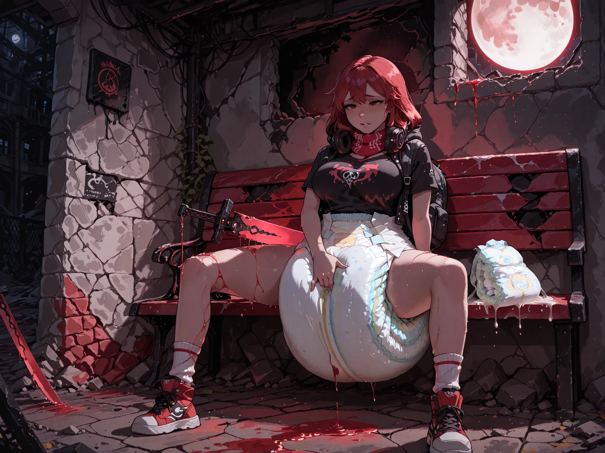 A girl with long, white and red hair. She wears headphones around her neck. She wears a black neon-print t-shirt, unbuttoned, revealing her large breasts. She wears a long, hooded, black down jacket with a red and white scarf tied over her right shoulder. ...