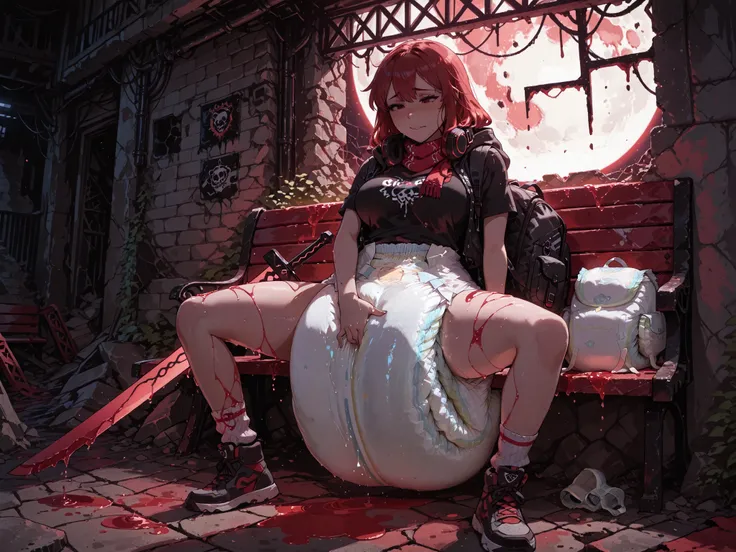 A girl with long, white and red hair. She wears headphones around her neck. She wears a black neon-print t-shirt, unbuttoned, revealing her large breasts. She wears a long, hooded, black down jacket with a red and white scarf tied over her right shoulder. ...