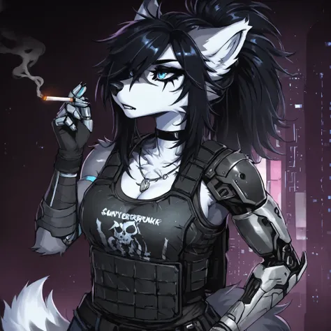 Emo Hairstyle,Source_furry,  (((1girl))), furry, anthro, white fur wolf, cleavage, long black messy spiky black hair, blue eyes, bulletproof vest, black eye shadow, black eyeliner, tall, curvy body, athletic build, muscular body, sliver robot left arm, sli...