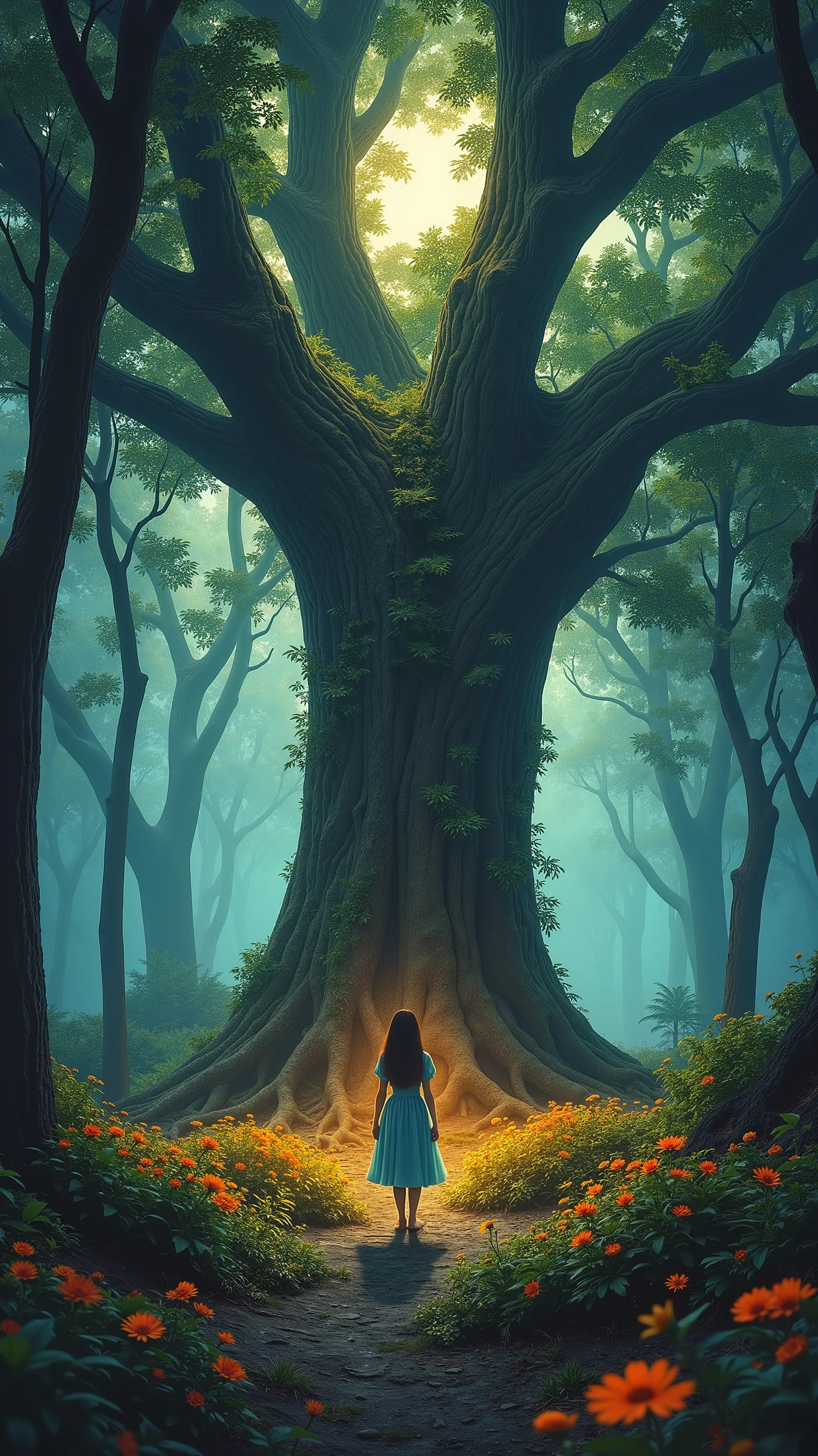 high resolution image standing on a cloth、tree々and seven-colored flowers、 Mysterious Forest with Magical Beings Hidden in Branches 、 8k、 High Quality Giant Forest 、 tree陽漏れ、 a forest believed to be inhabited by fairies、 Soft morning sun shines through the...