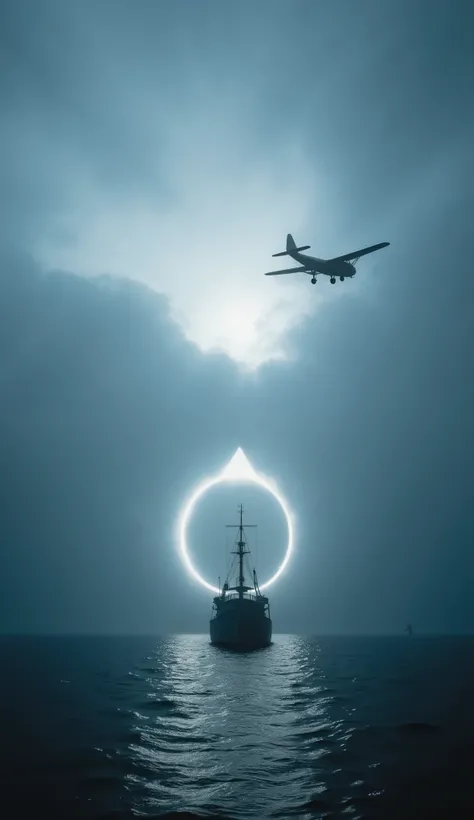 Ultra-realistic cinematic illustration of a vast, mysterious ocean at twilight — dark, inky waters glowing with a faint eerie light. A ghostly silhouette of a ship fading beneath the waves, and an old airplane caught in a glowing triangular vortex in the s...