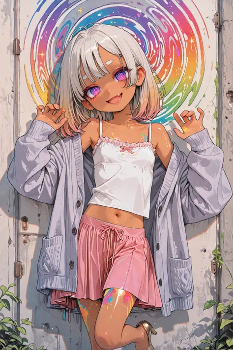 ((Masterpiece)), ((best quality, amazing quality)), ((very aesthetic, absurdres, newest, detailed background)), (psychedelic art), ((1girl)), (cute young girl), ((brown-skinned)), (Healthy Gaunt body, Textured skin, small breast, tilt head), Glossy hair, (...