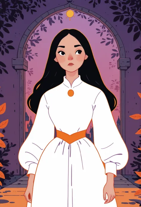 masterpiece, best quality, DisneyClassics, dkri, 1girl, solo, black hair, long hair, black eyes, white dress, aprehensive, indoors, medieval castle corridor, day light, standing, full body shot, tall lean body, human realistic proportions, painterly illust...