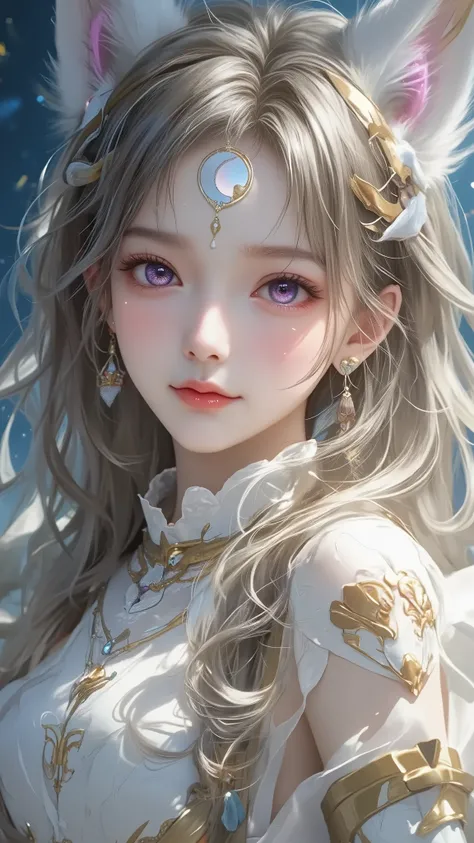 1 , long white hair . chest. fox ears. MULTICOLOR EYES. PURPLE EYES , pink eyes. earrings. Dancer's candid attire. The symbol on the forehead is in the shape of a moon . full length .