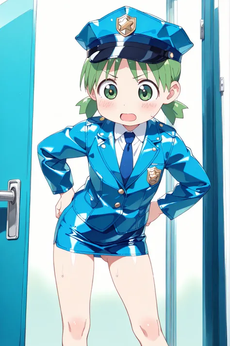 ,(((anime style))),score_9, score_8_up, score_7_up,masterpiece, best quality,ultra detail,1girl,((solo)),koiwai yotsuba,yasuna oribe,(((toddler))),quad tails,, (green hair),(green eyes),((looking down)),school,((blue Police Uniform)),(police hat),(((blue l...