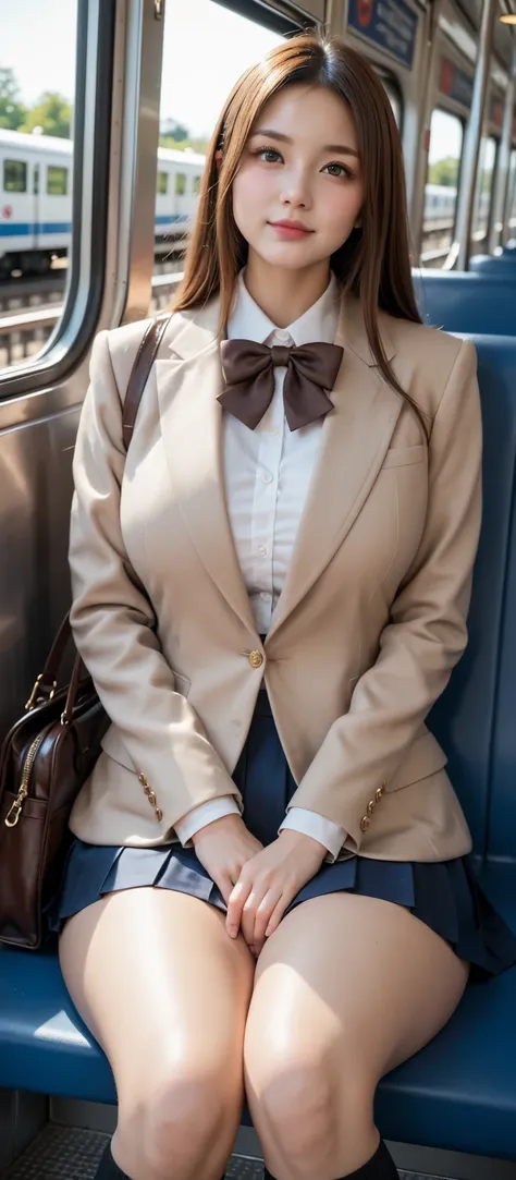 high resolution, 4K, Alone,  beautiful Japanese highschool girl , idol face, detailed big cute eyes,  Detailed Pretty Face ,  Puffy Cheeks , light brown blazer,  white blouse,  brown gingham ribbon,  pleated skirt, black socks,  loafers ,  brown hair,  gig...
