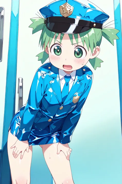 ,(((anime style))),score_9, score_8_up, score_7_up,masterpiece, best quality,ultra detail,1girl,((solo)),koiwai yotsuba,yasuna oribe,(((toddler))),quad tails,, (green hair),(green eyes),((looking down)),school,((blue Police Uniform)),(police hat),(((blue l...