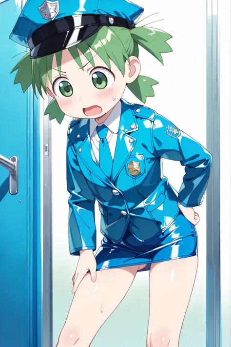 ,(((anime style))),score_9, score_8_up, score_7_up,masterpiece, best quality,ultra detail,1girl,((solo)),koiwai yotsuba,yasuna oribe,(((toddler))),quad tails,, (green hair),(green eyes),((looking down)),school,((blue Police Uniform)),(police hat),(((blue l...