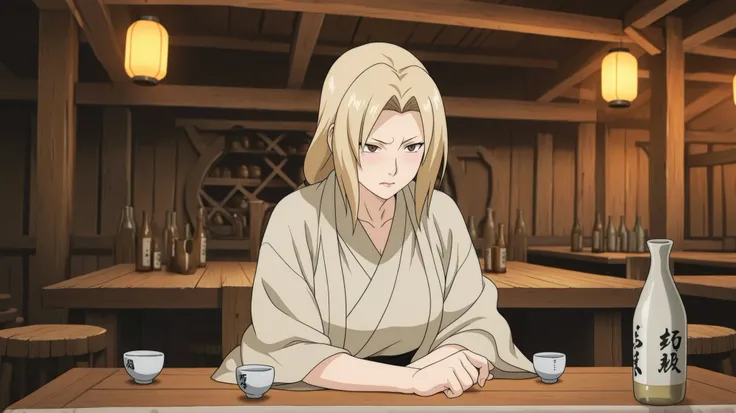 (masterpiece, highest quality, anime style, ultra detailed, 8k, panning shot of Tsunade Senju sitting alone at a table in a quiet tavern, mature woman with long golden blonde hair, wearing simple, slightly worn civilian clothes, no green haori, elbows rest...