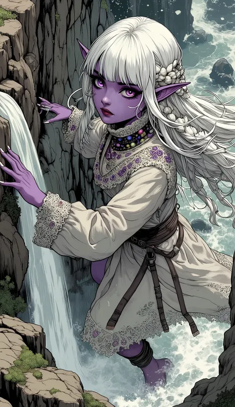 (A fusion of Ukiyo-e and dark fantasy. Aesthetic and gothic digital art. Illustrations are drawn from the viewpoint of looking up from an angle.) BREAK (White hair. Blunt bangs. White eyebrows. Long white eyelashes. Almond-shaped eyes. Lavender eyes. Dark,...