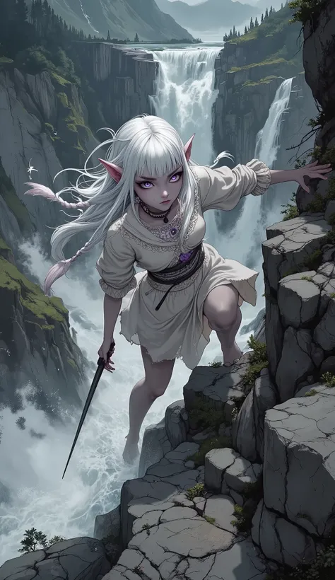 (A fusion of Ukiyo-e and dark fantasy. Aesthetic and gothic digital art. Illustrations are drawn from the viewpoint of looking up from an angle.) BREAK (White hair. Blunt bangs. White eyebrows. Long white eyelashes. Almond-shaped eyes. Lavender eyes. Dark,...