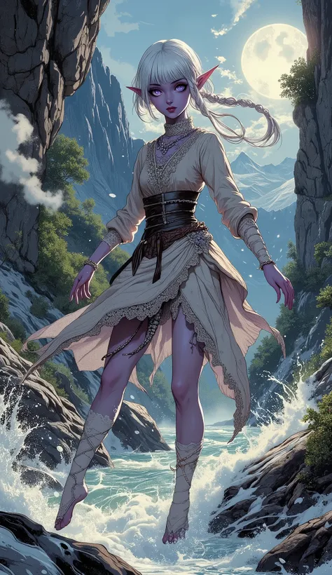 (A fusion of Ukiyo-e and dark fantasy. Aesthetic and gothic digital art. Illustrations are drawn from an oblique, looking-down perspective.) BREAK 
(White hair. Blunt bangs. White eyebrows. Long white eyelashes. Almond-shaped eyes. Lavender eyes. Dark, thi...