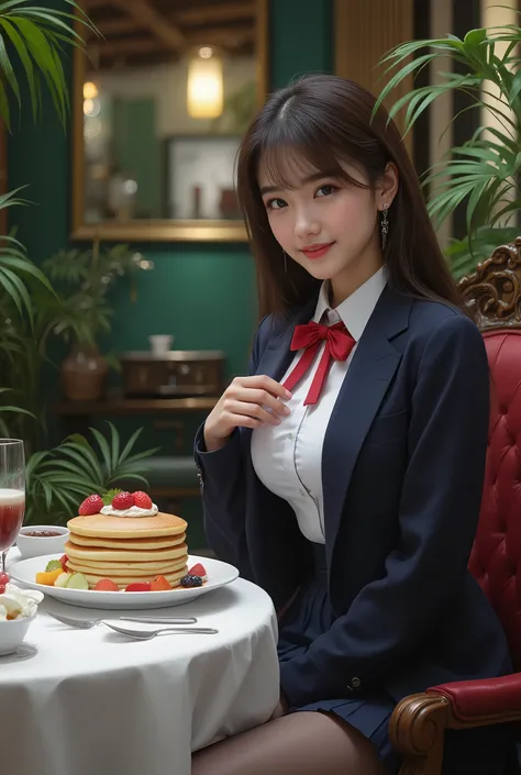 Super Real, Photoreal, dramatic scene, shadow, Global Illumination, solo, (a famous young Japanese idol woman), Detailed hands, very beautiful delicate Japanese girl, very cute but masculine and cool look, (has very big breasts), narrow waist, (wearing a J...