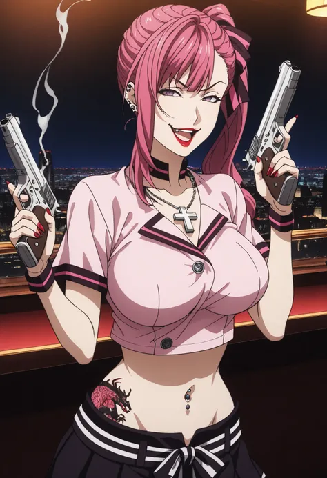 masterpiece, best quality, amazing quality,1girl, solo, BREAK
,pink hair, long hair,side ponytail,hair ribbon,purple eyes, pink sh1rt,black pleated sk1rt, y4naime4, m4sk,
ear piercing, long hair, , lipstick,Hot girl, baddie, smoking, sensual, attractive ,c...