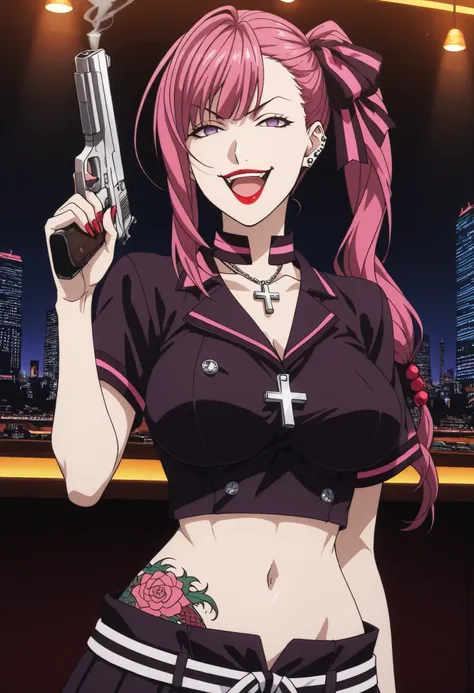 masterpiece, best quality, amazing quality,1girl, solo, BREAK
,pink hair, long hair,side ponytail,hair ribbon,purple eyes, pink sh1rt,black pleated sk1rt, y4naime4, m4sk,
ear piercing, long hair, , lipstick,Hot girl, baddie, smoking, sensual, attractive ,c...