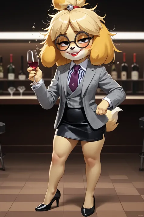 score_9, score_8_up, score_7_up, score_6_up, source_anime, three-piece suit, 1girl, thin-frame round glasses, formal, jewelry, suit, purple necktie, earrings, jacket, (((grey waistcoat))), shirt, (((grey jacket))), striped shirt with white collar, (black l...